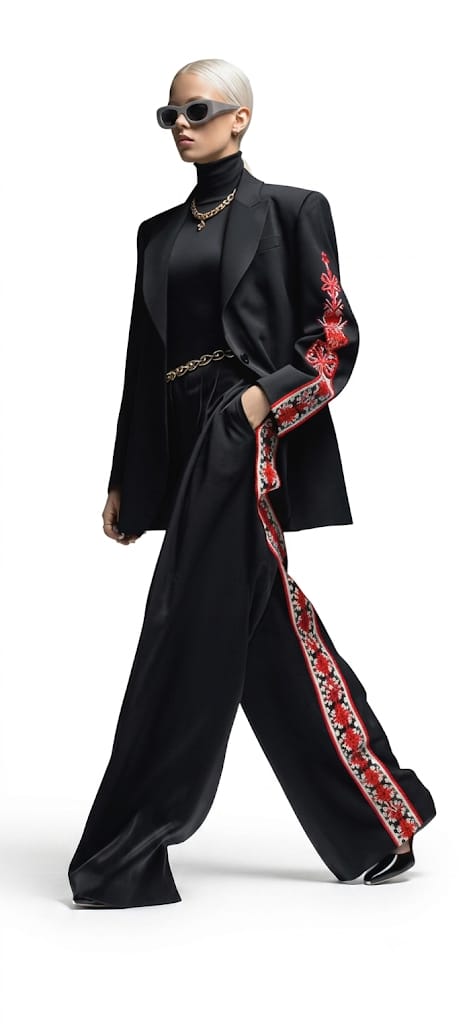 Manteau long noir brodé femme, édition limitée broderie slave