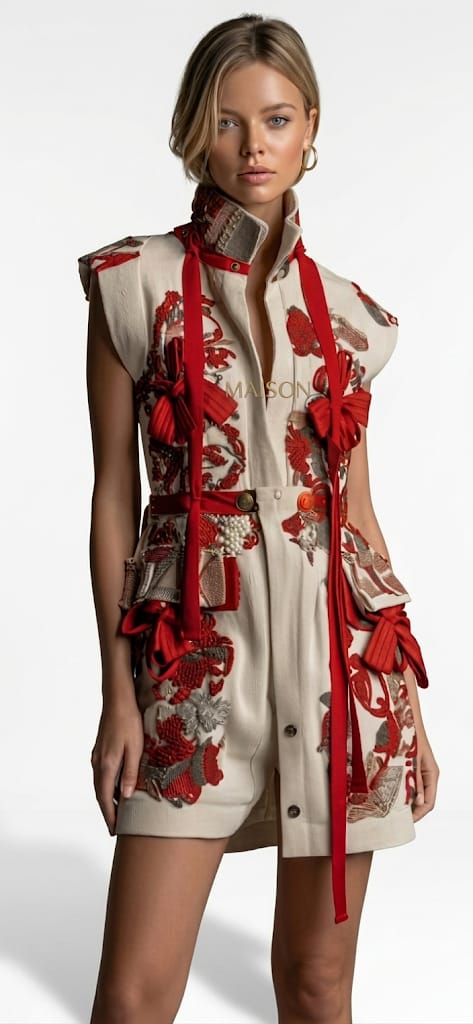 Robe brodée beige, vêtement femme artisanal folklore polonais