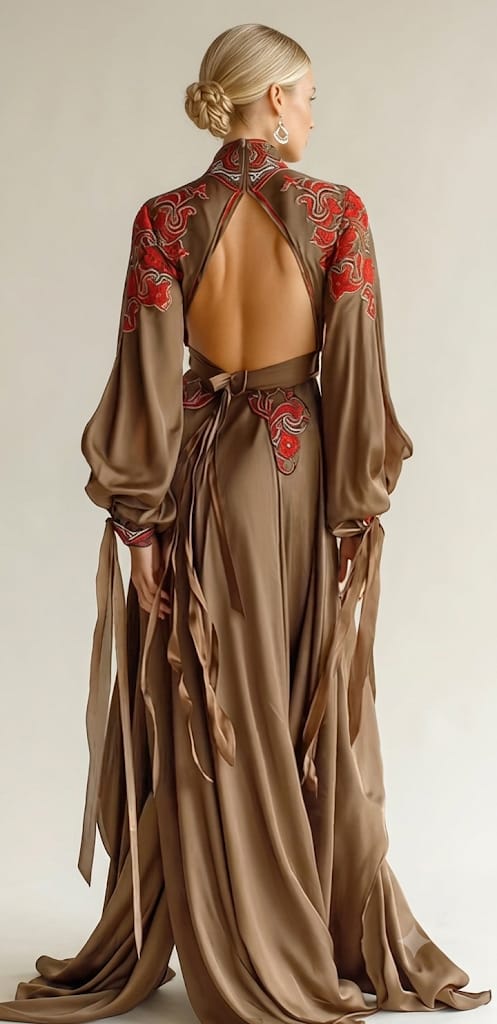 Robe dos nu camel brodée, vêtement femme broderie slave édition limitée