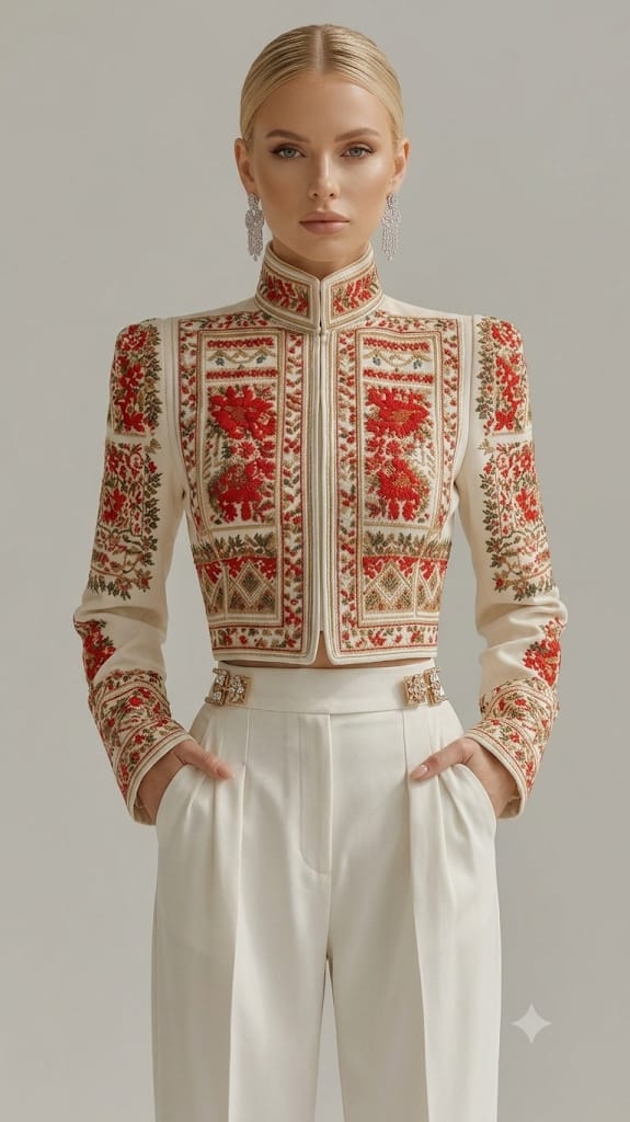 Veste brodée col montant, vêtement femme artisanal broderie slave
