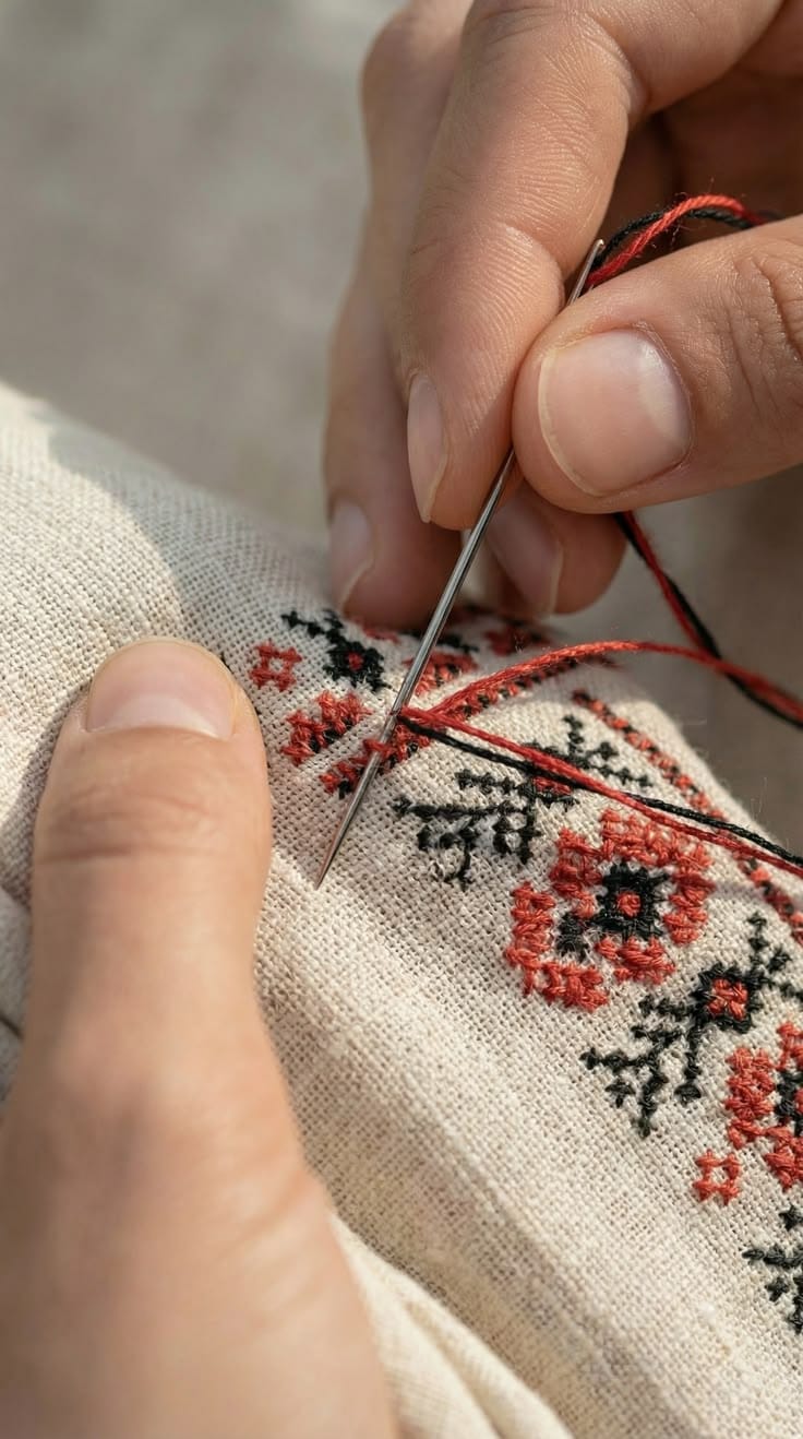 Gros plan sur des mains brodant un point de croix rouge et noir sur du lin