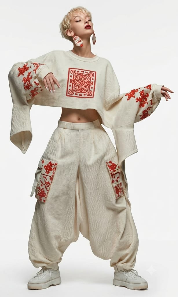 Ensemble jogging ivoire brodé femme, motifs polonais anciens