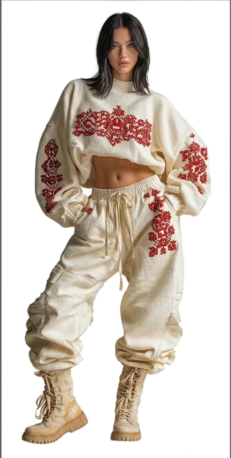 Ensemble jogging ivoire brodé femme, broderies géométriques rouges