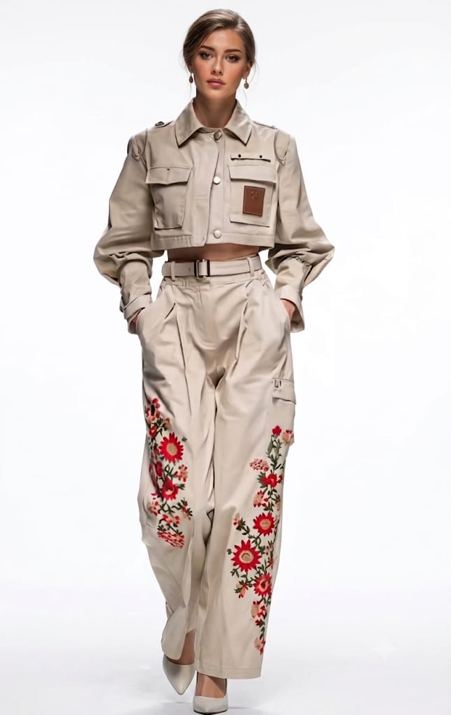 Ensemble veste pantalon beige brodé femme, édition limitée