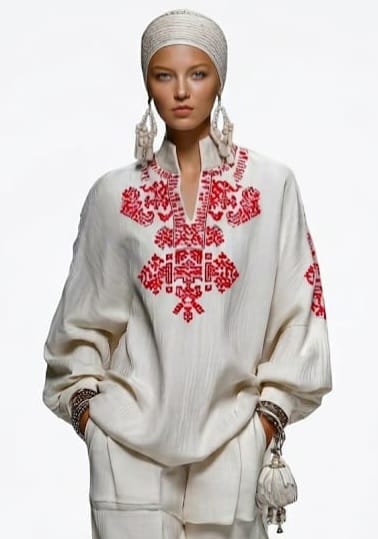 Tunique brodée ivoire femme, broderies géométriques rouges folklore slave
