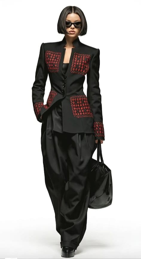 Veste structurée noire brodée femme, broderies rouges géométriques