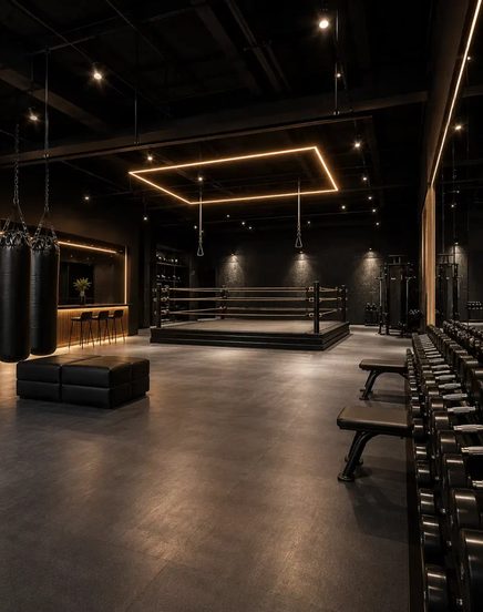 Ring de boxe et sacs de frappe sous un éclairage doré