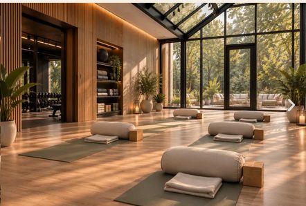 Studio de yoga lumineux avec tapis, coussins et baie vitrée sur la verdure