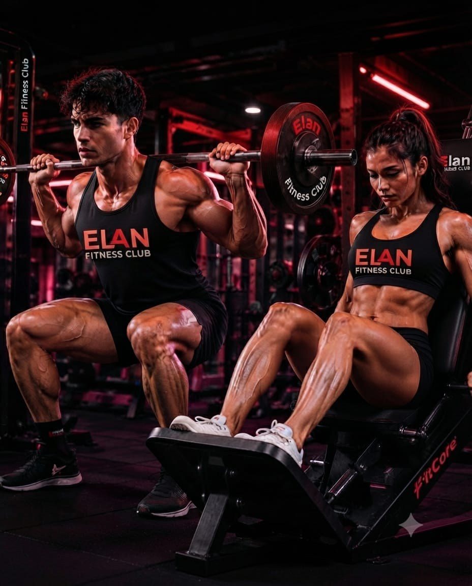 Adhérents Élan en plein entraînement : squat à la barre et presse à cuisses