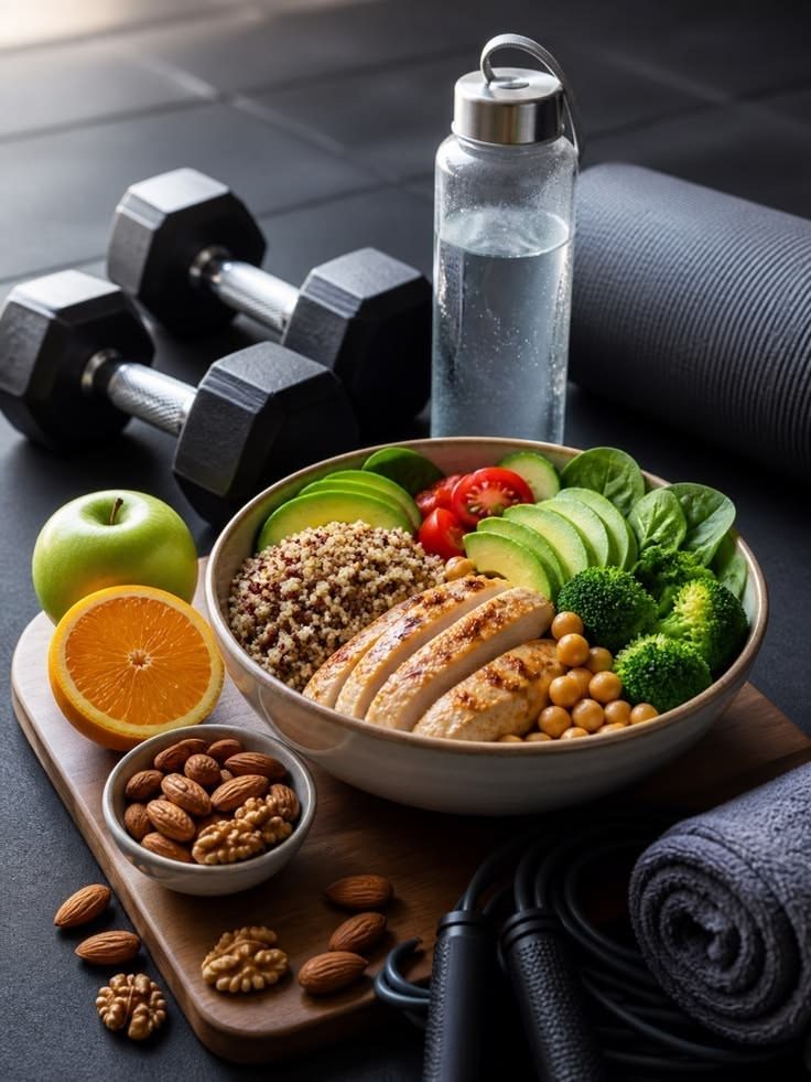 Bol de quinoa, poulet grillé, avocat, pois chiches et légumes verts, à côté d’haltères et d’une gourde d’eau