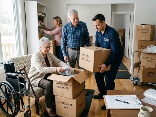 Un déménageur aide un couple de seniors à emballer ses affaires