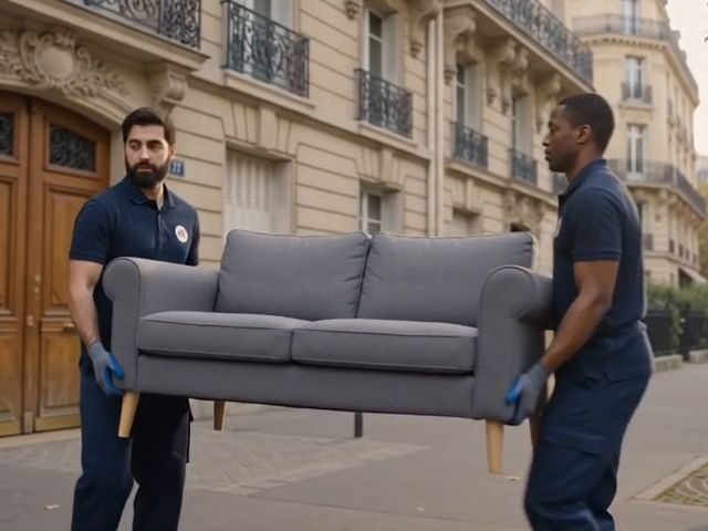 Deux déménageurs portant un canapé dans la rue