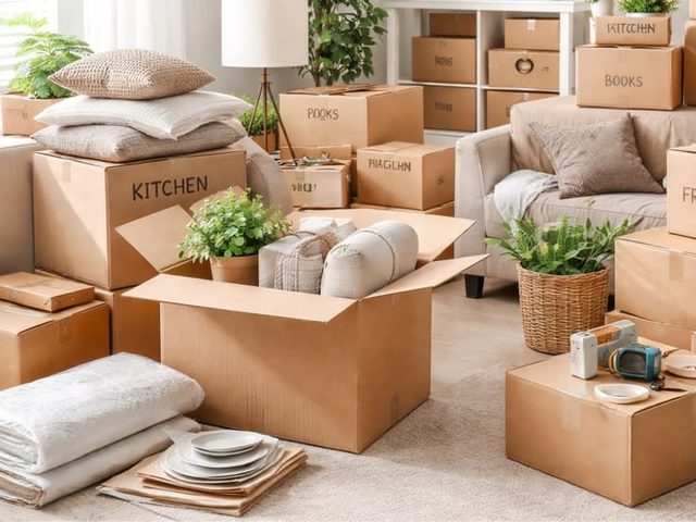 Cartons étiquetés par pièce dans un salon