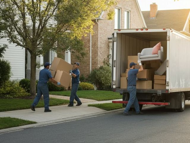 Déménageurs déchargeant des cartons d'un camion devant une maison