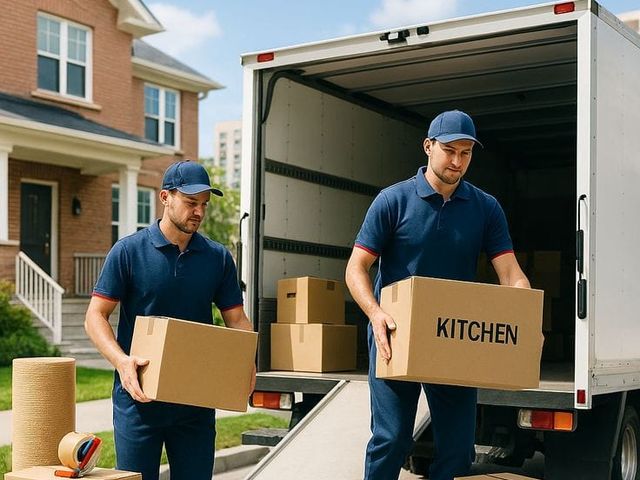 Deux déménageurs portant des cartons depuis la rampe du camion